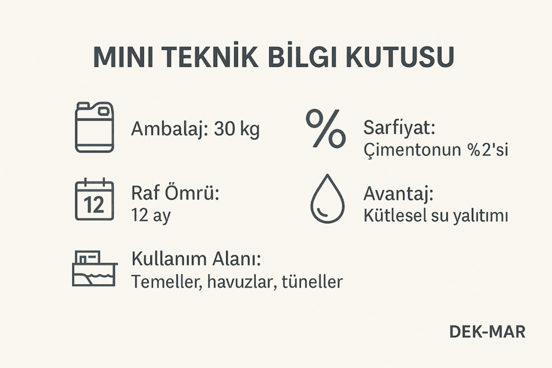 Köster BDM teknik bilgiler: ambalaj 30 kg, sarfiyat çimentonun %2’si, raf ömrü 12 ay, kullanım alanları ve avantajları