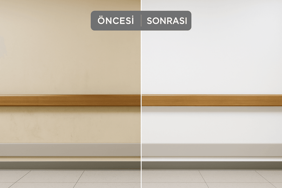 Hastane duvarında boyama öncesi kirli yüzey ile boyama sonrası hijyenik ve temiz görünümün yan yana karşılaştırması. 