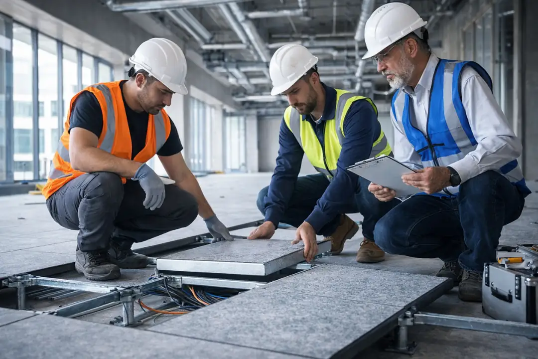 Yükseltilmiş döşeme uygulama sürecinde saha ekibinin panel montajı ve kot ayarı yaptığı gerçek çalışma görüntüsü&nbsp;