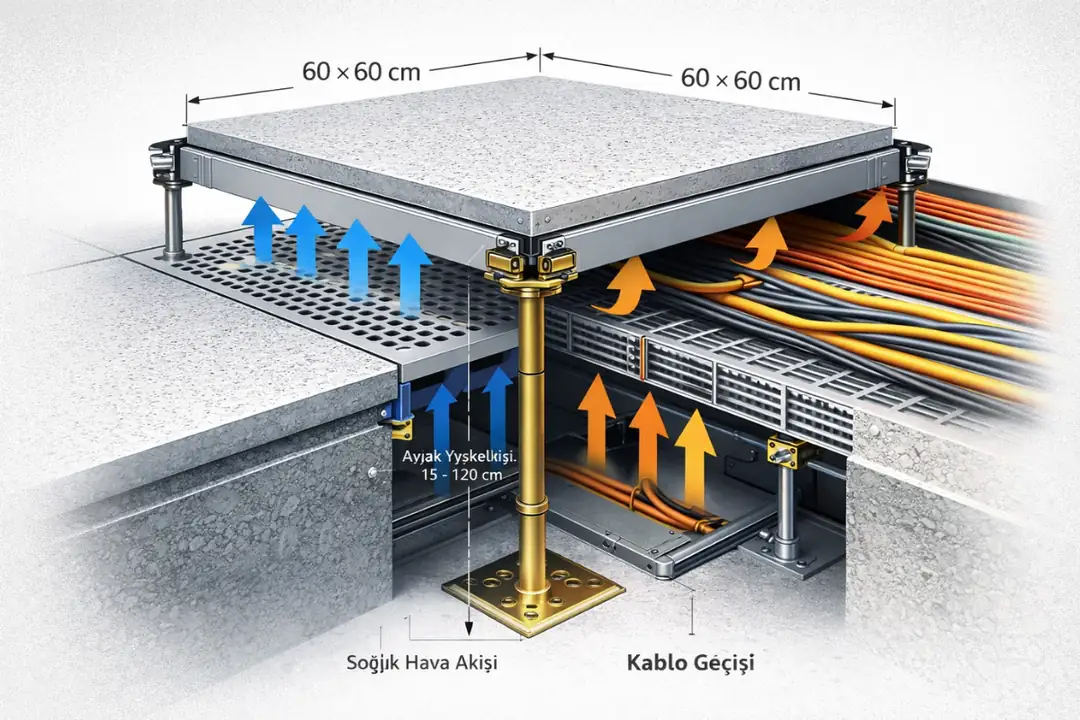 Veri merkezi yükseltilmiş döşeme teknik kesit şeması