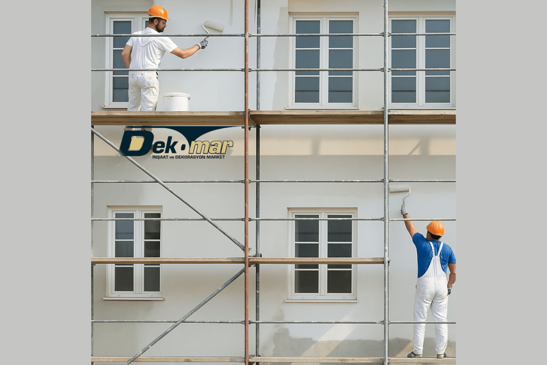 Dış cephe boyacı ustaları iskele üzerinde profesyonel boya uygulaması yapıyor. 