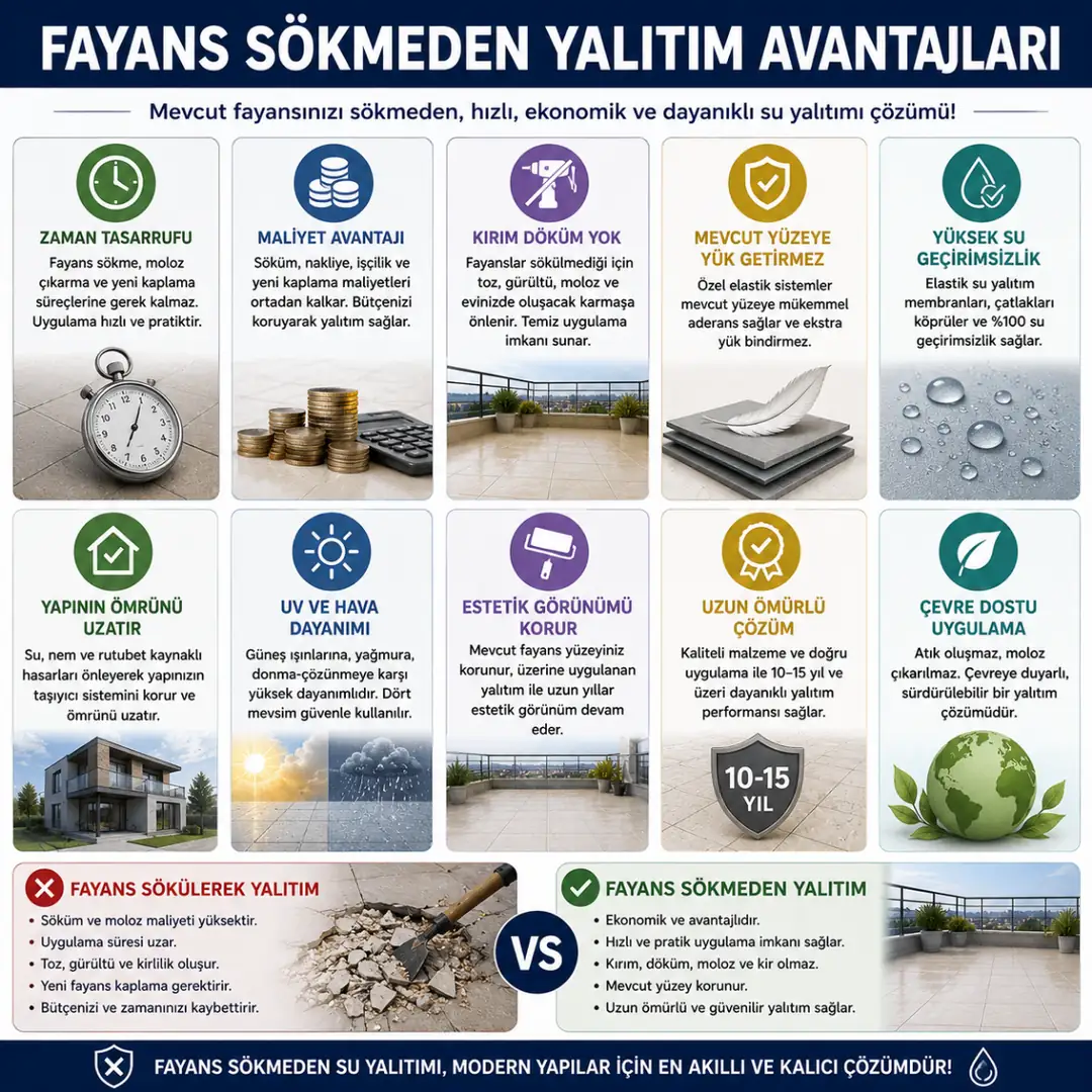 Fayans sökmeden yapılan su yalıtımının maliyet, süre, dayanım ve kullanım avantajlarını gösteren karşılaştırma.&nbsp;