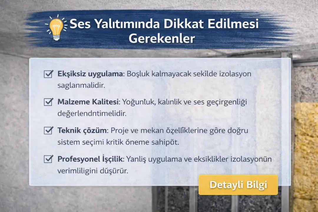 Ses yalıtımı teknik bilgi kutusu, hava ve darbe sesi türleri, uygulama alanları ve kullanılan yalıtım malzemeleri