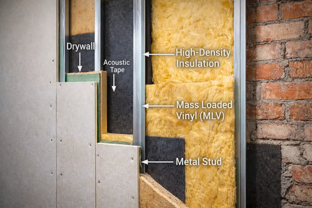Oda duvar ses yalıtımı kesit detayı, katmanlı sistem uygulaması&nbsp;