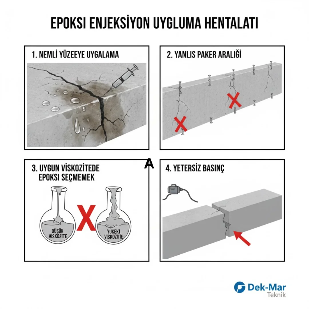 “Epoksi enjeksiyon uygulama hataları – nemli yüzey, yanlış paker, düşük basınç ve hatalı epoksi seçimi – Dek-Mar Teknik”