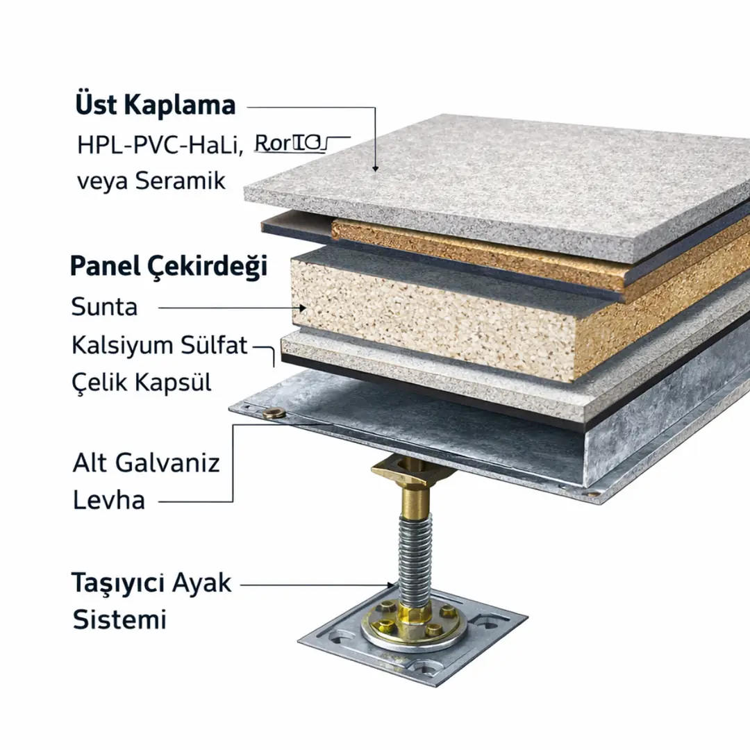 Yükseltilmiş döşeme panel kesiti katman yapısı kaplama çekirdek ve alt taşıyıcı sistem detayları