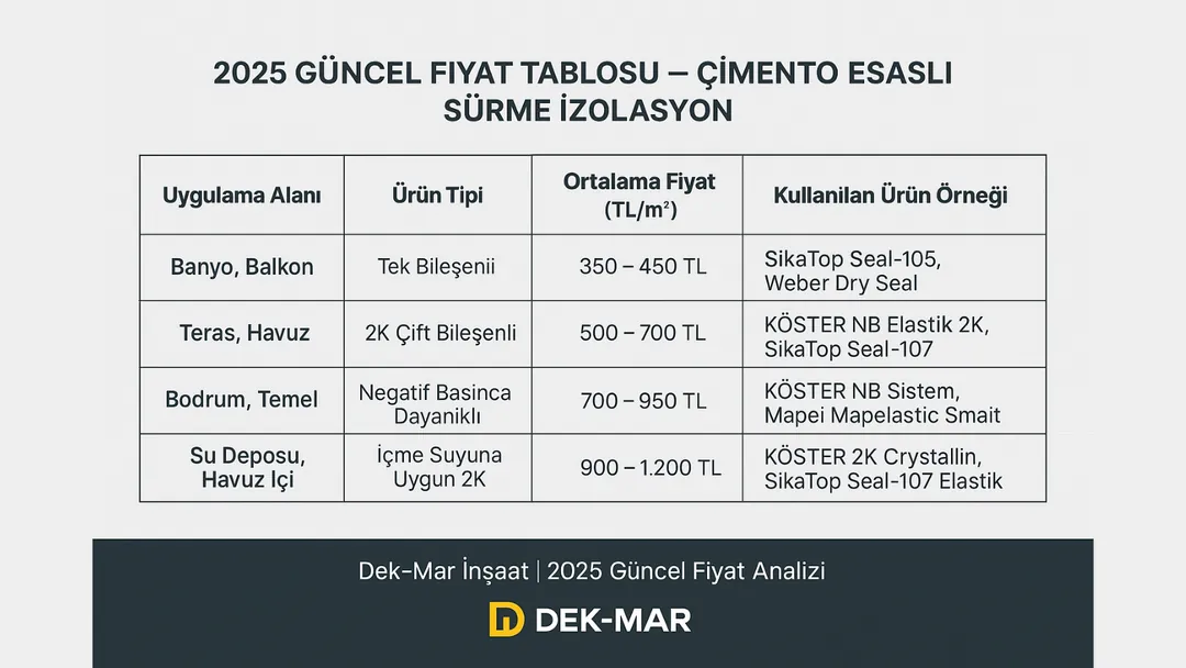 Çimento esaslı sürme izolasyon 2025 fiyat tablosu – uygulama bazlı m2 maliyet karşılaştırması.