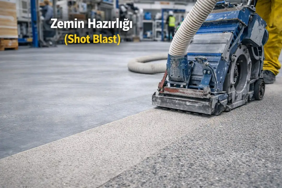 Poliüretan beton kaplama öncesi beton zemin shot blast mekanik yüzey hazırlık çalışması&nbsp;