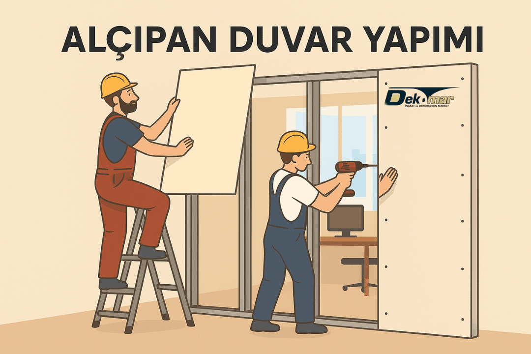 Alçıpan Duvar Yapımı çiziminde modern ofiste montaj yapan iki usta, vida ve levha ile profil sistemine duvar oluşturmaktadır. 