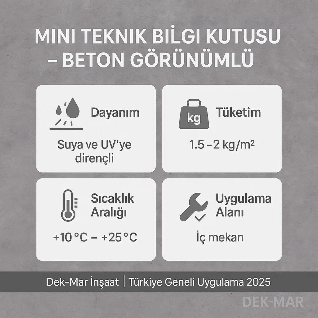 Dek-Mar beton görünümlü dekoratif sıva teknik bilgi kutusu – tüketim, dayanım, sıcaklık ve doku tipi bilgileri 2025