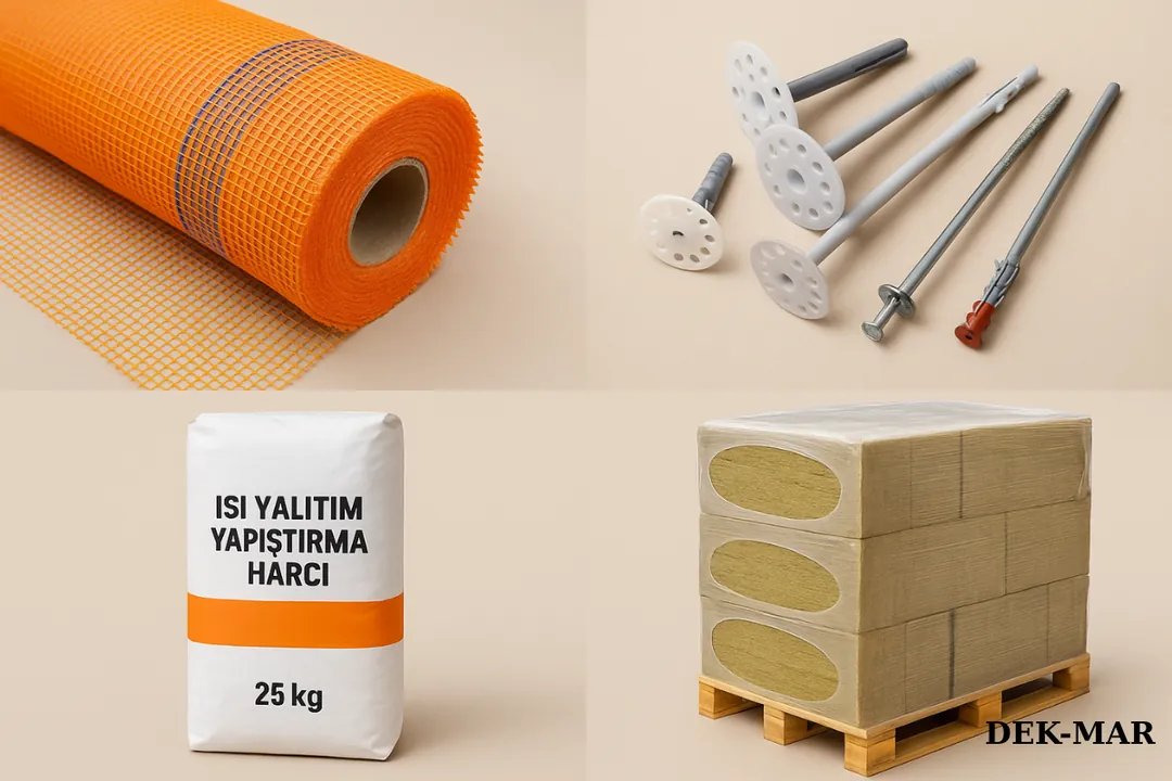 Mantolama malzemeleri: sıva filesi, dübeller ve ısı yalıtım yapıştırma harcı torbası. 