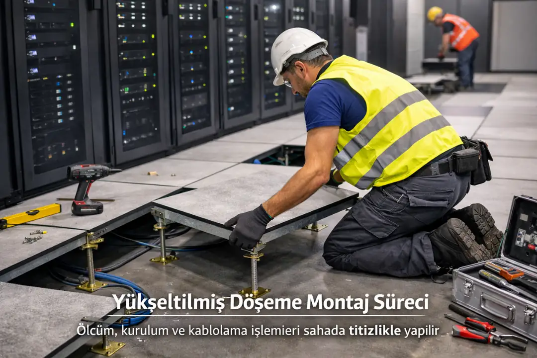 Yükseltilmiş döşeme montaj süreci saha uygulaması ayak ve panel yerleşimi