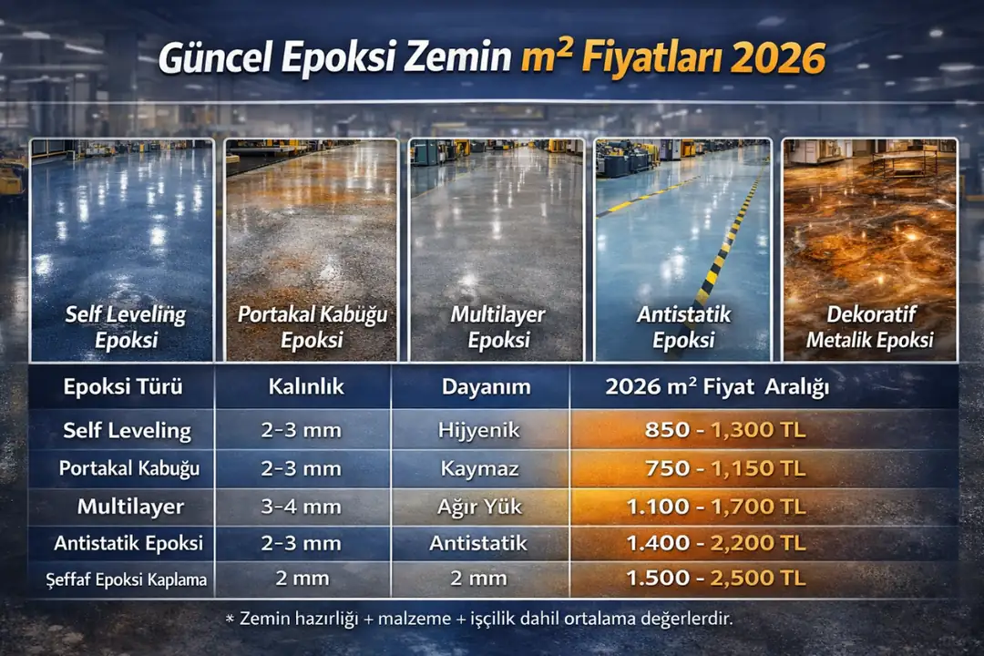 Epoksi zemin kaplama 2026 m2 fiyatları tablo halinde güncel liste&nbsp;