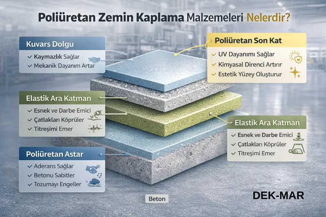 Poliüretan zemin kaplama malzemeleri astar, elastik ara kat, kuvars dolgu ve UV dayanımlı son kat sistem şeması&nbsp;