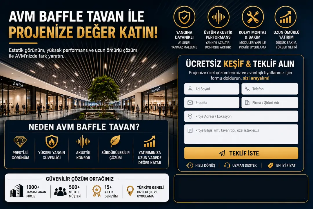 Premium AVM baffle tavan uygulaması ve kurumsal proje çözümü