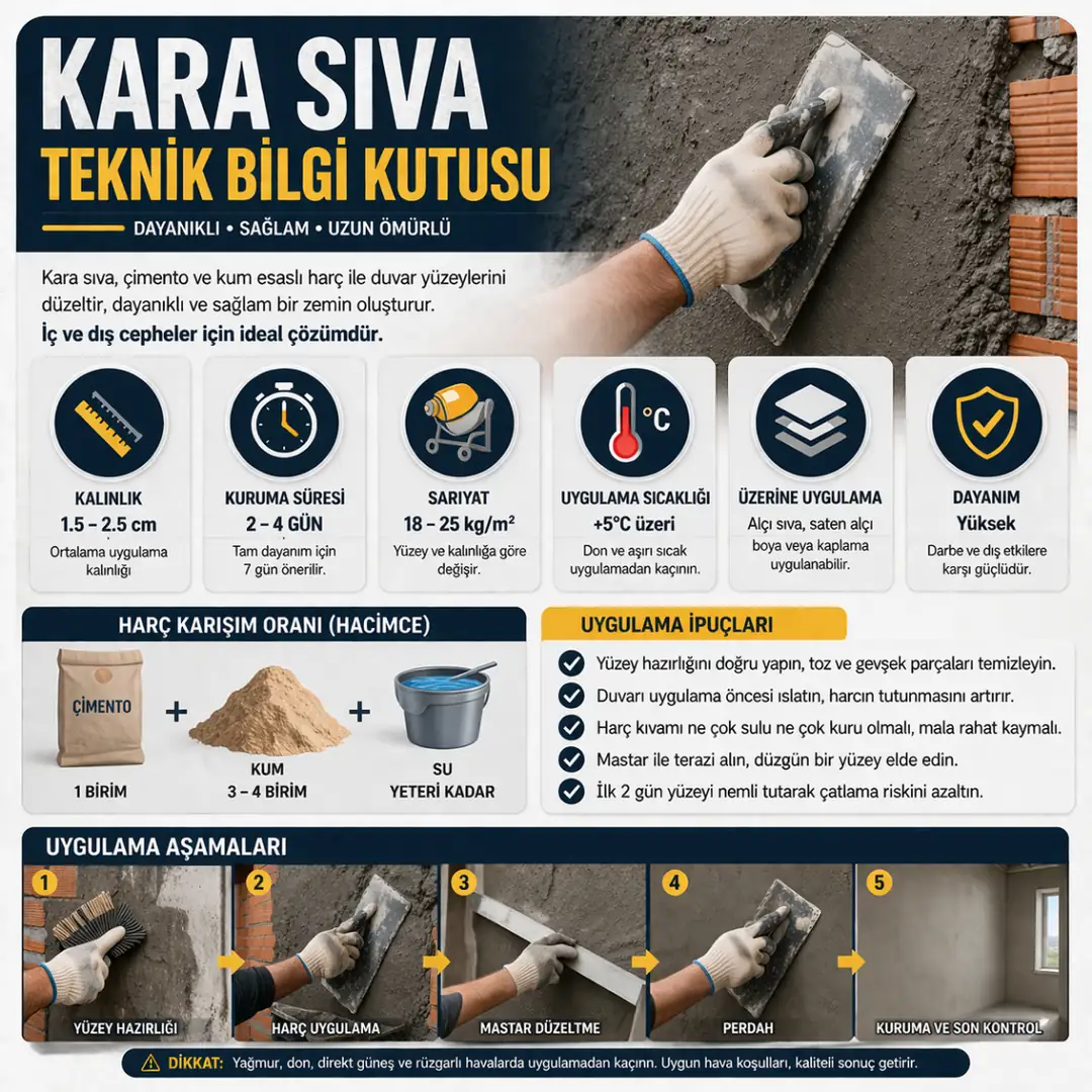 Kara sıva teknik bilgi kutusu; kalınlık, kuruma süresi, sarfiyat ve uygulama şartlarını gösteren detaylı infografik görsel