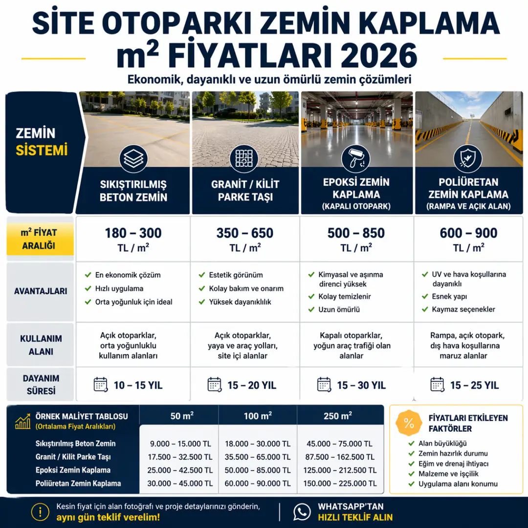 Site otoparkı zemin kaplama m2 fiyatları 2026 beton parke epoksi karşılaştırma tablosu&nbsp;