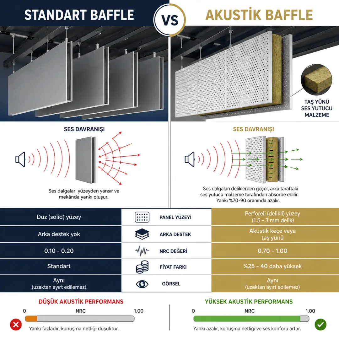 Standart baffle ile akustik baffle tavan sistemleri arasındaki farklar&nbsp;