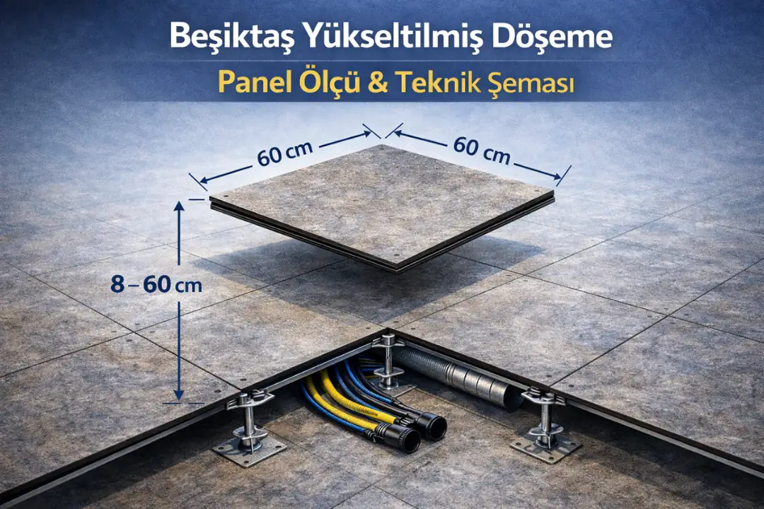 Yükseltilmiş döşeme panel ölçüleri ve ayak yüksekliği teknik çizimi