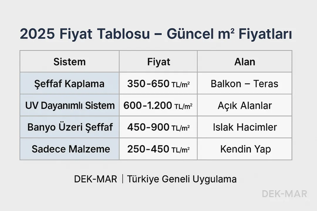 Fayans üstü şeffaf su izolasyonu fiyat tablosu – balkon ve teras m2 maliyetleri – 2025 Dek-Mar