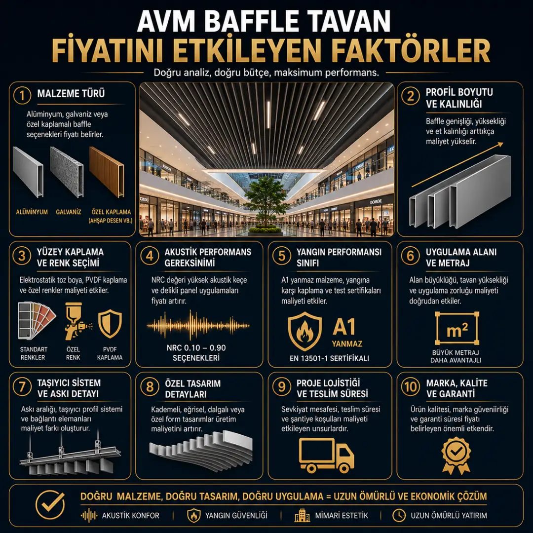 AVM baffle tavan fiyatlarını etkileyen faktörler infografiği