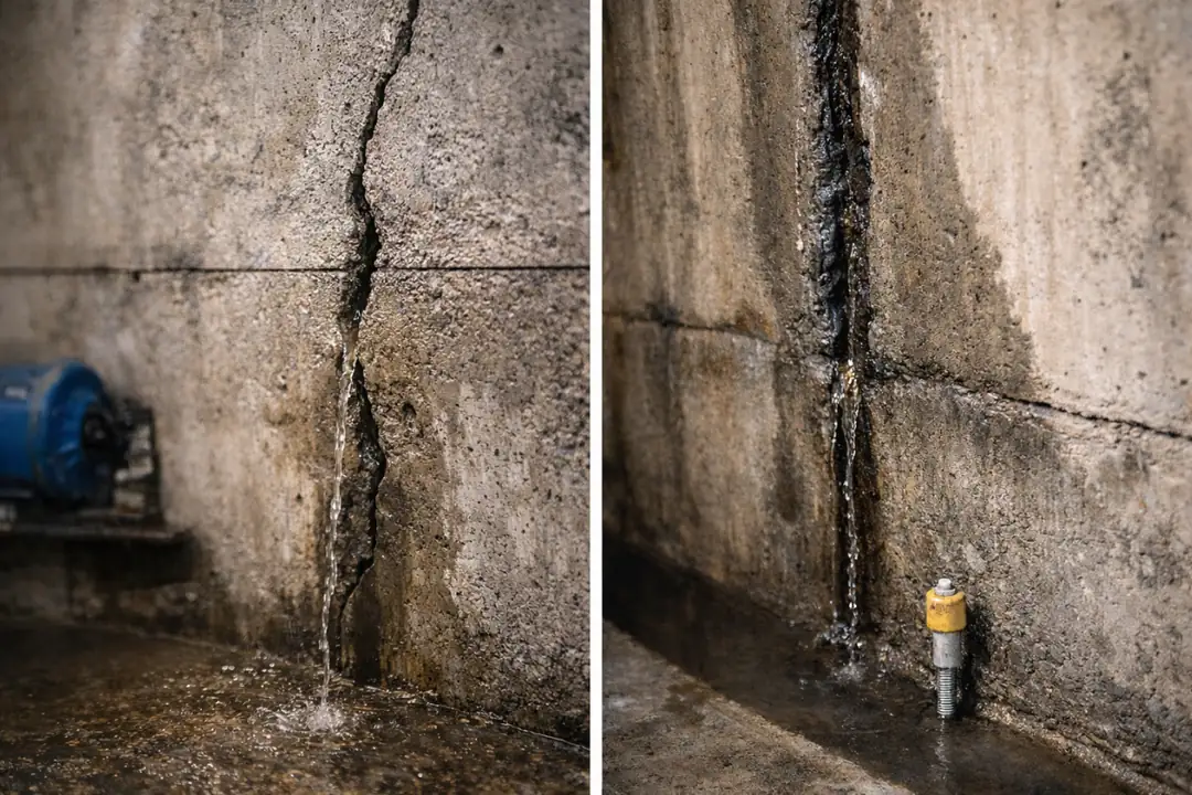 Asansör kuyusunda beton çatlağı ve soğuk derz kaynaklı su giriş noktası