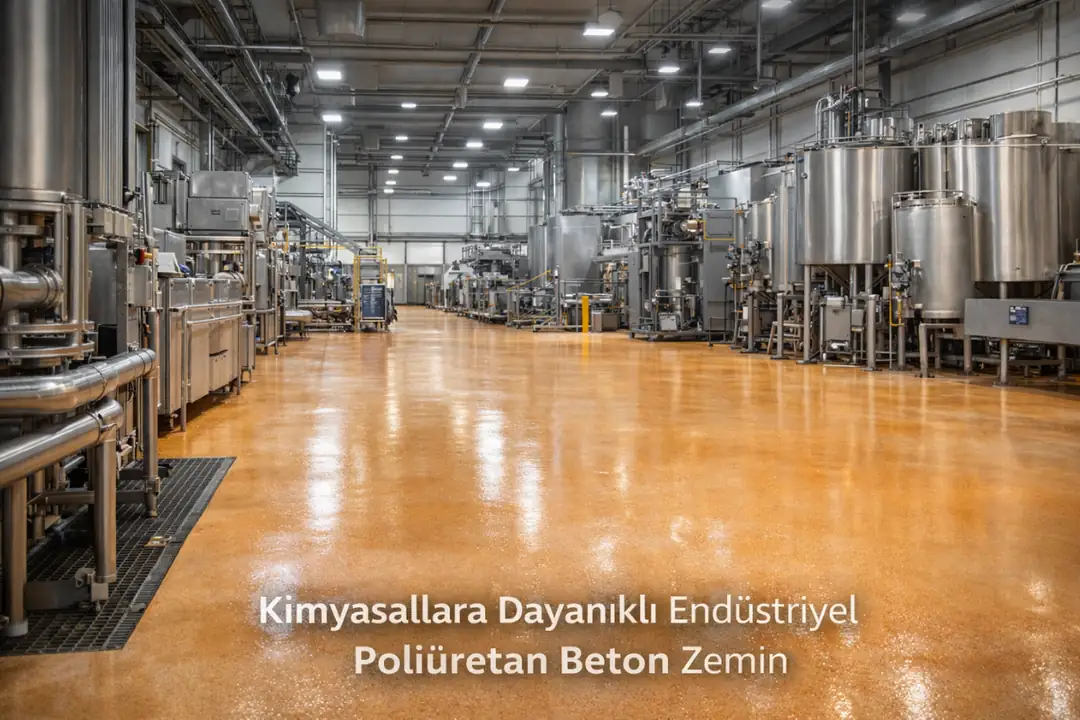 Tamamlanmış poliüretan beton zemin kaplama yapılan endüstriyel fabrika alanı