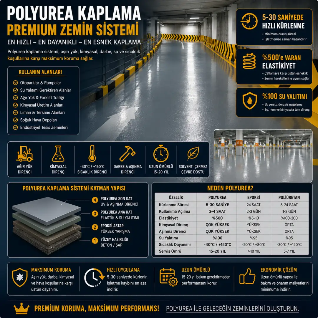 Polyurea kaplama sistemi otopark ve ağır yük alanlarında su geçirmez endüstriyel zemin uygulaması&nbsp;