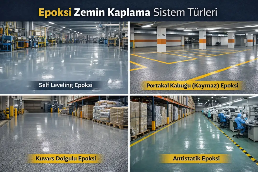 Epoksi zemin kaplama sistem türleri; self leveling, kaymaz, kuvars dolgulu ve antistatik epoksi