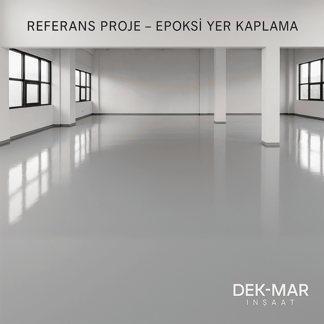 Epoksi yer kaplama referans proje – tamamlanmış parlak endüstriyel zemin uygulaması – Dek-Mar İnşaat 2025