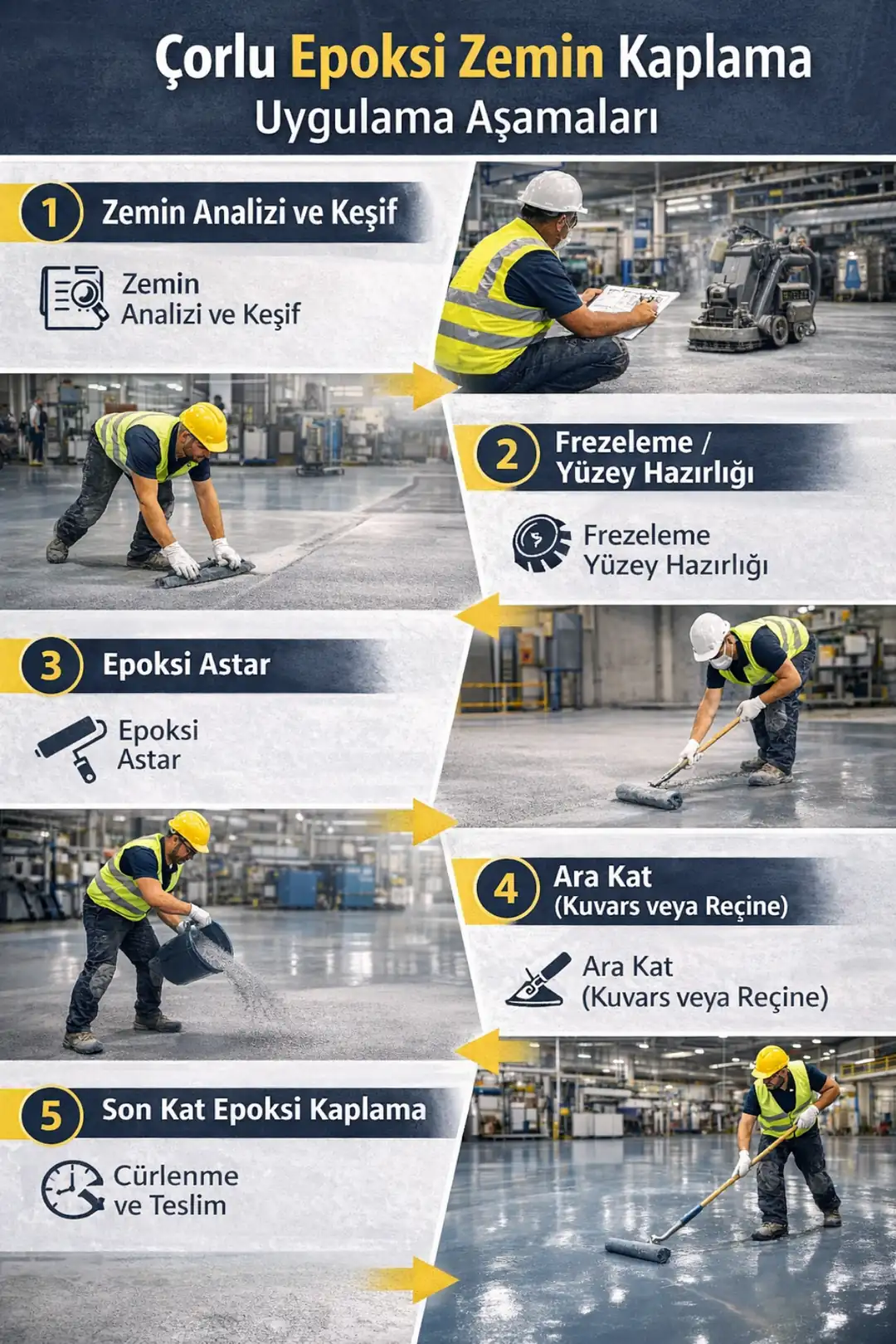 Çorlu epoksi zemin kaplama uygulama aşamaları zemin hazırlığı astar ve son kat epoksi