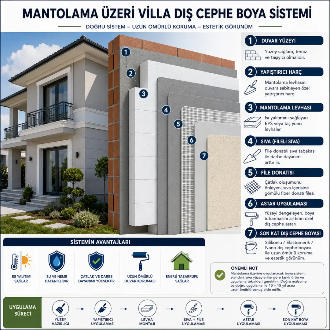 Mantolama üzerine villa dış cephe boya sistemi astar ve son kat uygulama detayları&nbsp;