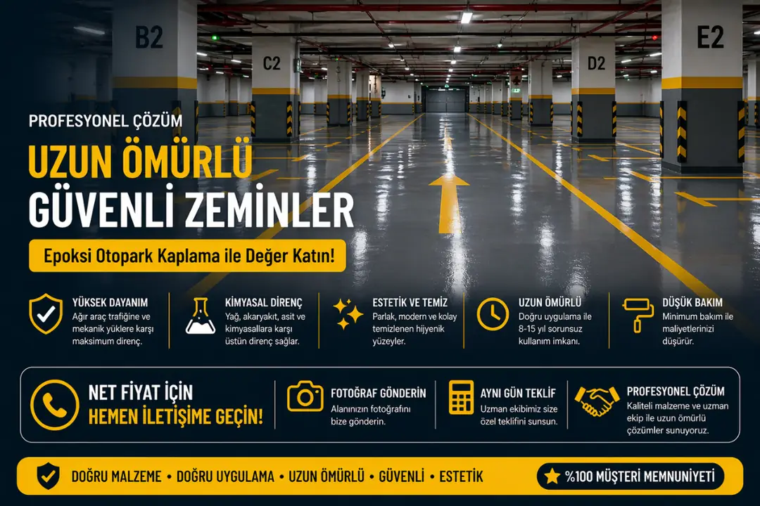 Tamamlanmış epoksi otopark zemin kaplama temiz ve profesyonel görünüm&nbsp;