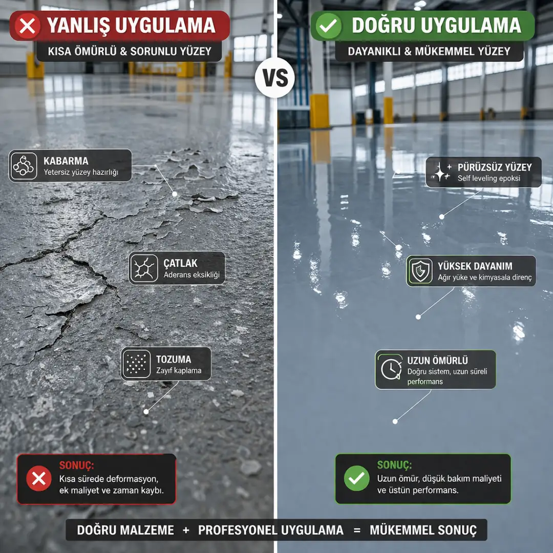 epoksi zemin kaplama yanlış ve doğru uygulama karşılaştırması kabarma ve düzgün yüzey farkı&nbsp;