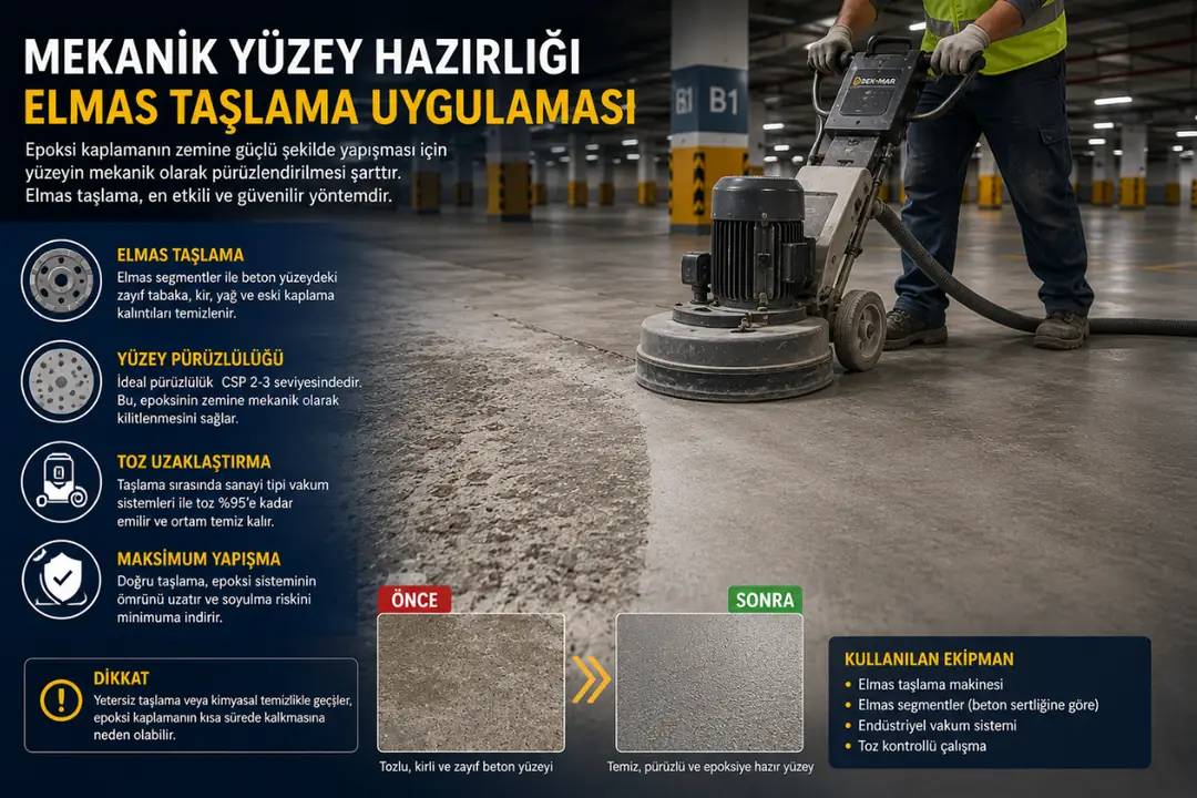 Otopark zemininde elmas taşlama ve yüzey hazırlığı&nbsp;