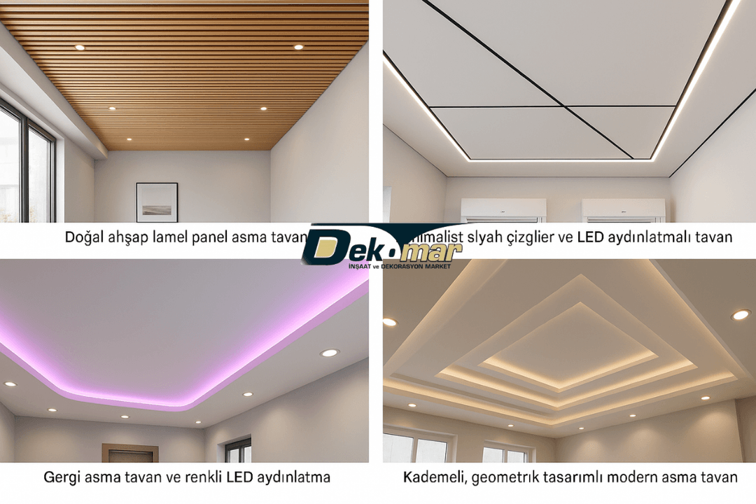 2025 Modern Asma Tavan Dekorasyon Trendleri için ahşap, LED’li, gergi ve geometrik tavan örneklerinden oluşan görsel. 