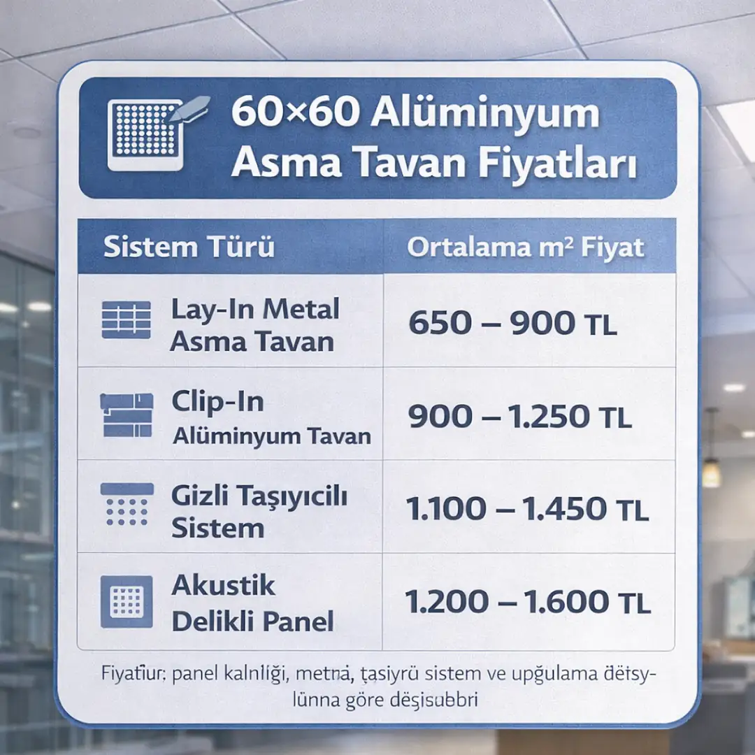 60*60 alüminyum asma tavan fiyatları 2026 clip in lay in metal tavan sistemleri metrekare fiyat karşılaştırması