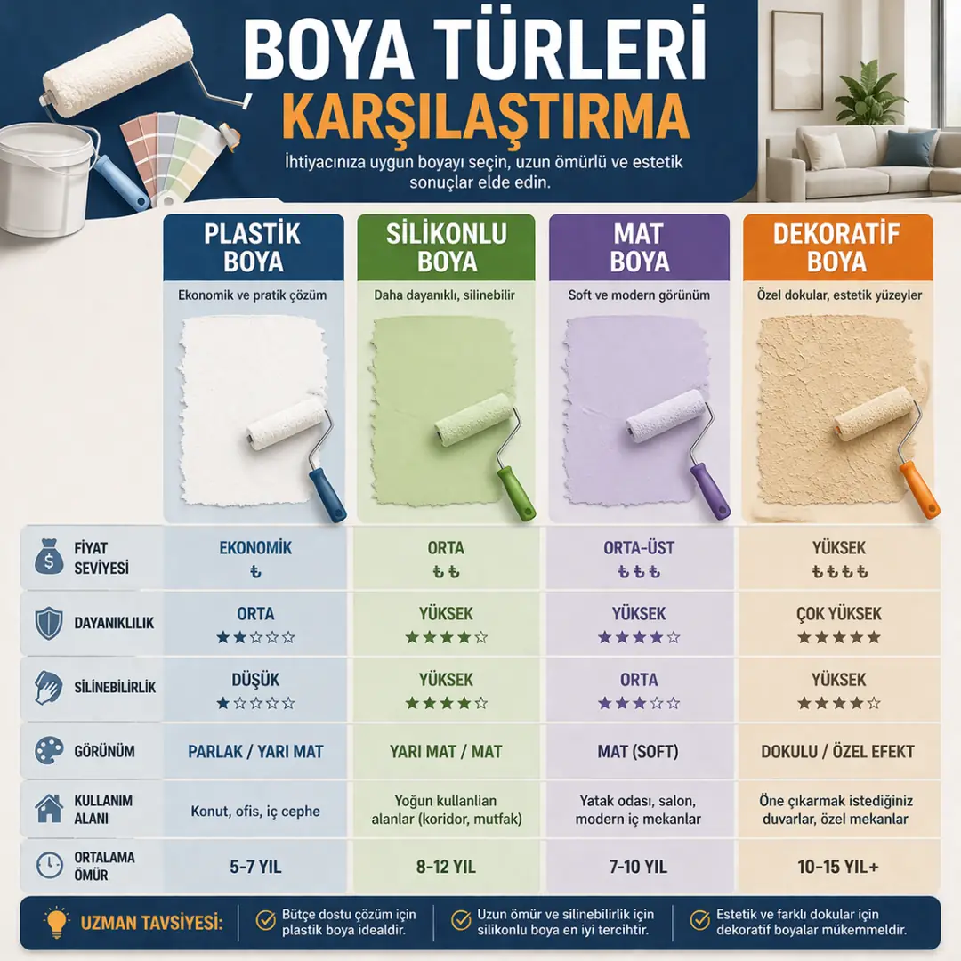 Plastik silikonlu ve dekoratif boya türleri karşılaştırması&nbsp;
