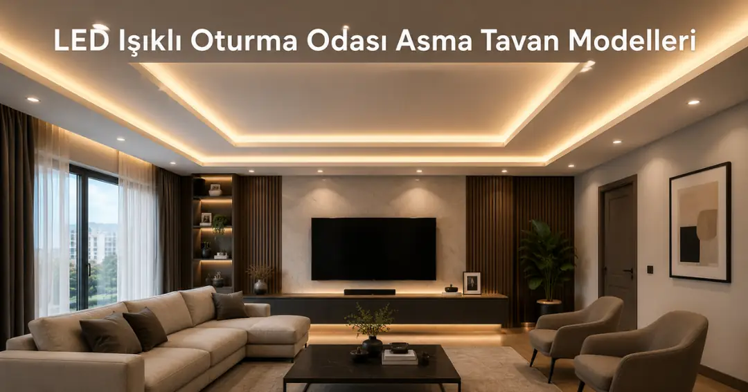 LED ışıklı oturma odasında gizli aydınlatmalı modern alçıpan asma tavan modeli&nbsp;