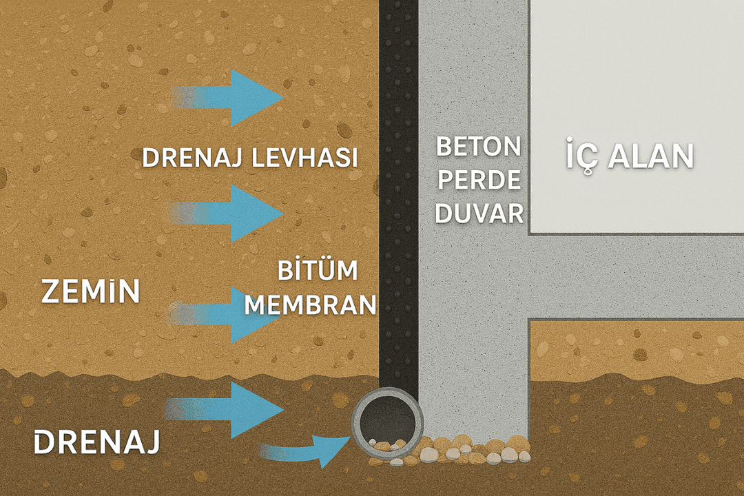 Perde beton yalıtımı drenaj sistemi kesiti – suyun topraktan boruya tahliyesi ve duvar koruma detayı.
