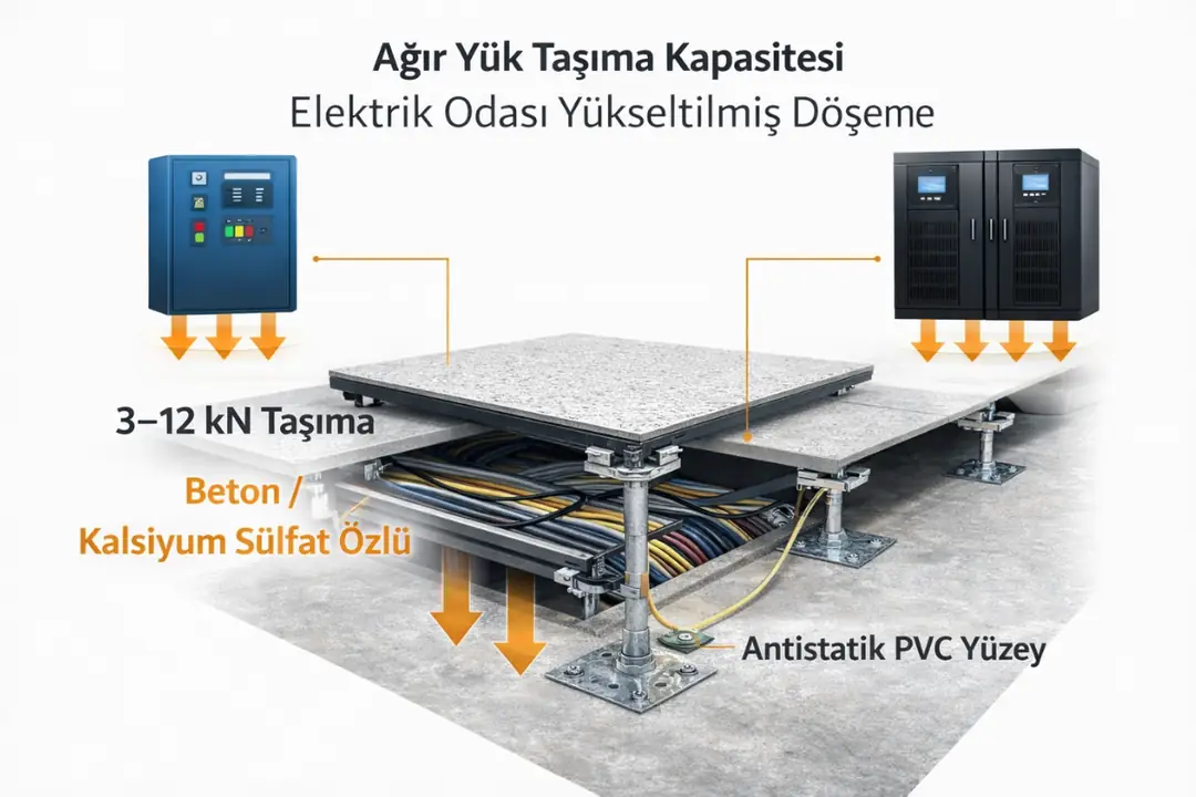 “Elektrik odası yükseltilmiş döşeme taşıma kapasitesi ve yük dağılımı detayı”&nbsp;