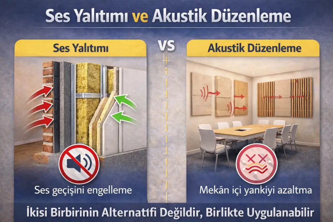 ses yalıtımı ile akustik düzenleme arasındaki farkların görsel anlatımı