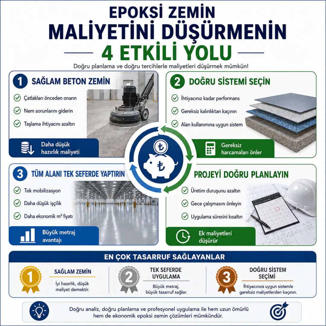 Epoksi zemin kaplama maliyetini düşürmek için doğru sistem seçimi, sağlam beton ve toplu uygulama önerileri&nbsp;