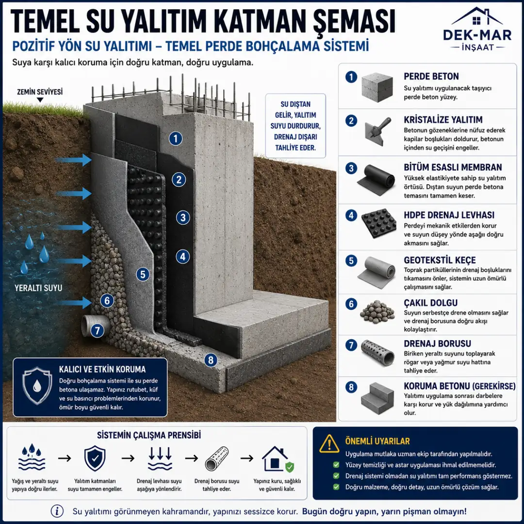 Dıştan temel perde su yalıtımı katman sistemi teknik kesit çizimi