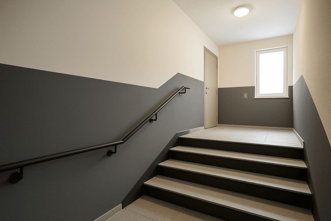 Alt duvarları koyu gri, üst duvarları krem tonlarında boyanmış modern apartman merdiven boşluğu 