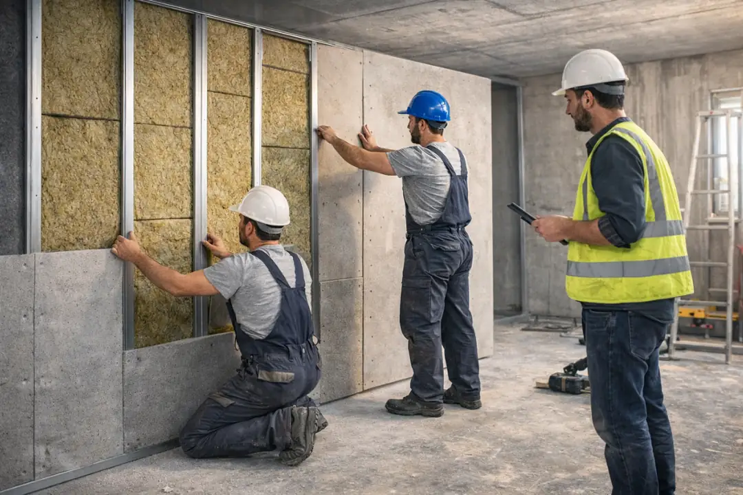 Ses yalıtımı uygulama süreci saha montaj çalışması karkas kurulumu taşyünü yerleşimi ve alçıpan kaplama aşamaları profesyonel ekip&nbsp;