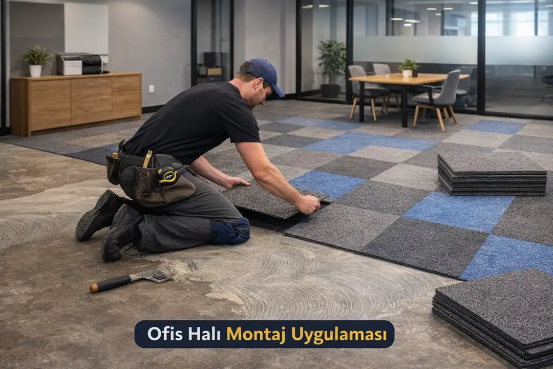 Ofis halı kaplama uygulama sürecinde karo halı montajı yapan usta ve zemin hazırlık aşaması