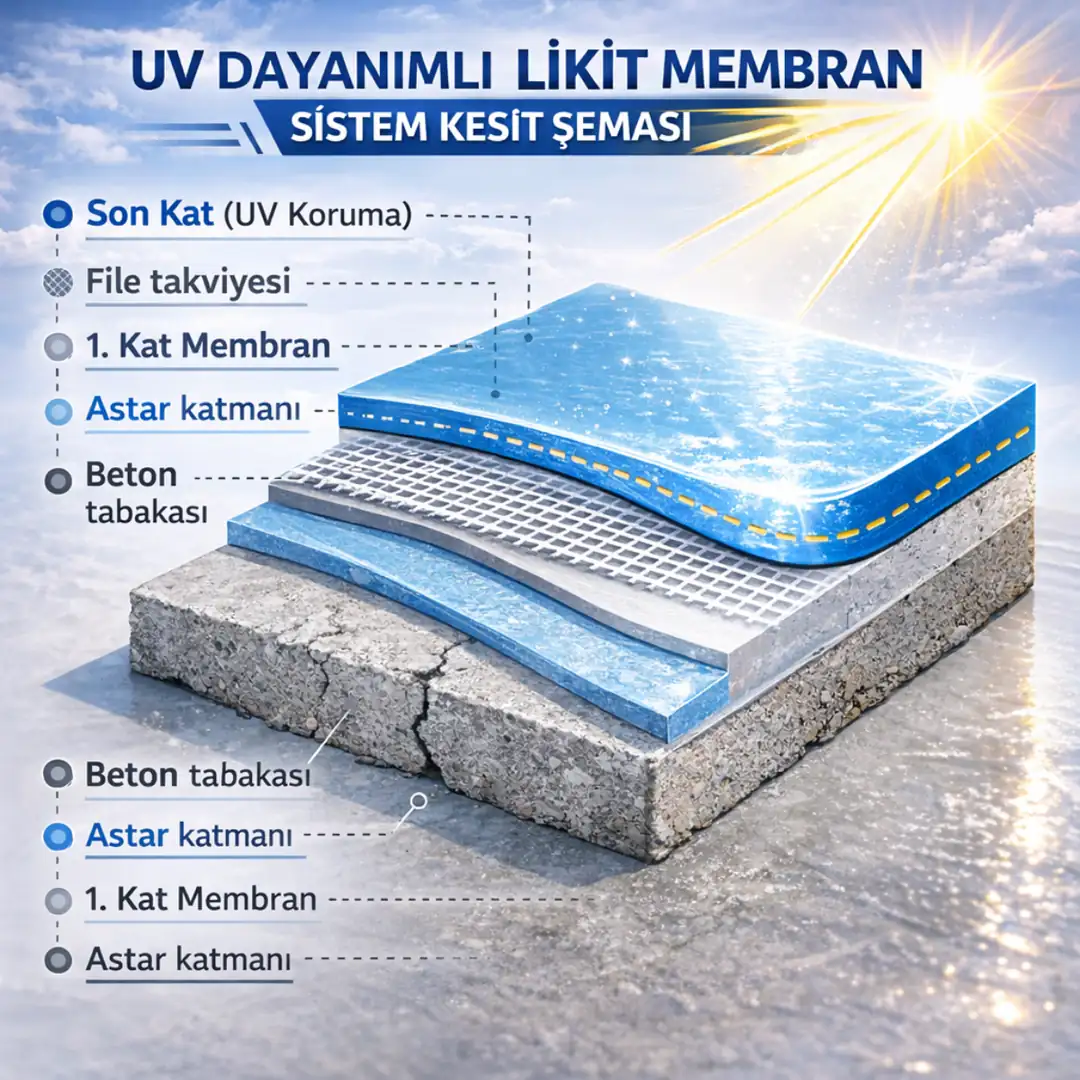 UV dayanımlı likit membran sistem katman kesit şeması teknik gösterim
