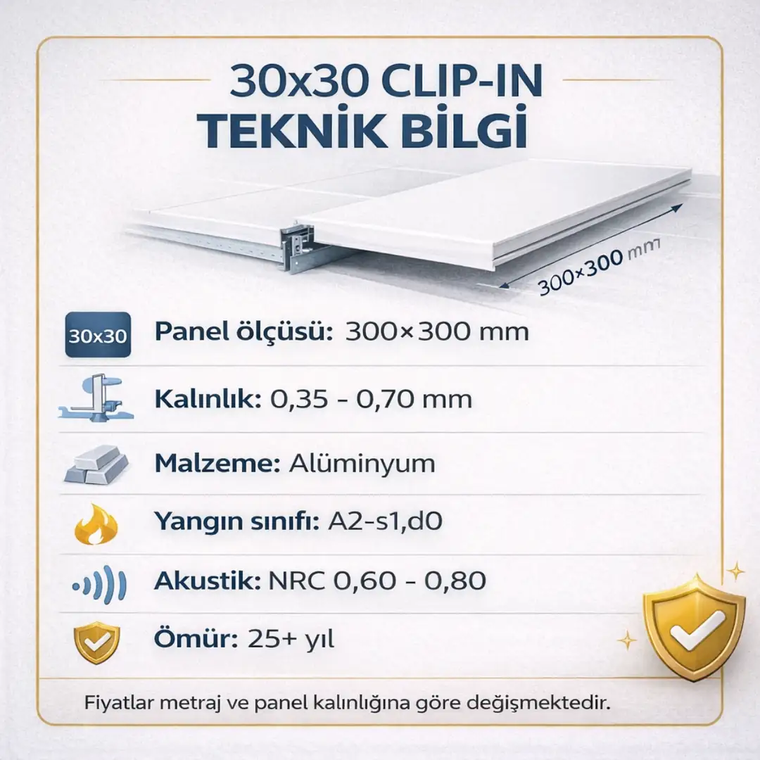 30x30 clip-in metal asma tavan teknik özellikleri panel ölçüsü kalınlık yangın dayanımı akustik değerler&nbsp;