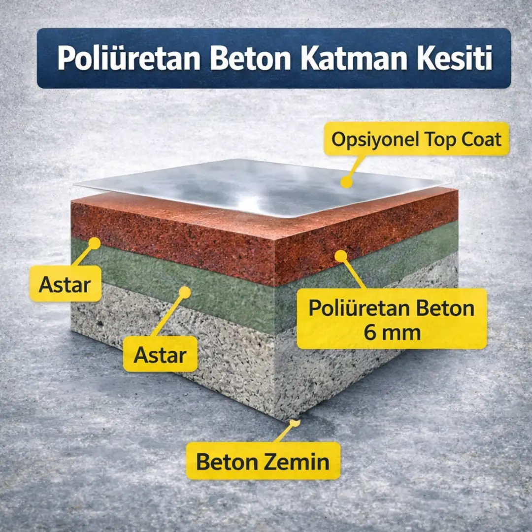 Poliüretan beton kaplama katman kesit şeması beton astar ve 6 mm sistem yapısı teknik görsel&nbsp;